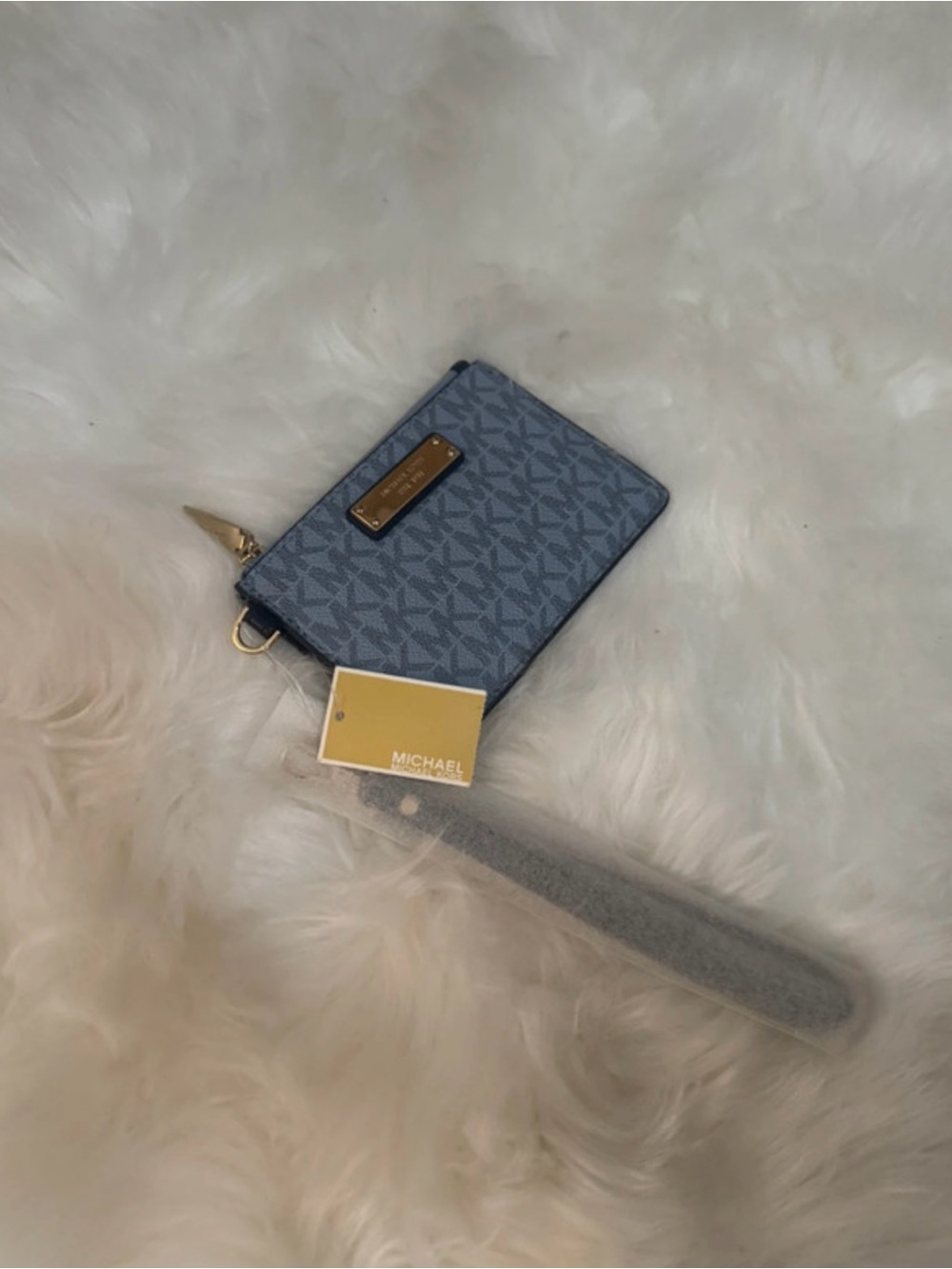 Michael Kors Navy Blue Logo Wristlet Card Holder with Gold Hardware